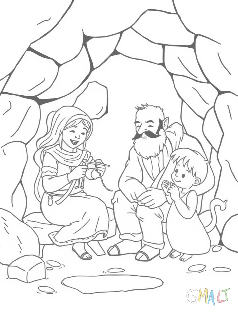 Eine Steinzeitfamilie sitzt in ihrer Höhle. Die Mutter näht mit einer Knochennadel ein Fell während der Vater Speerspitzen herstellt und das Kind mit einem Stofftier aus Fell spielt.