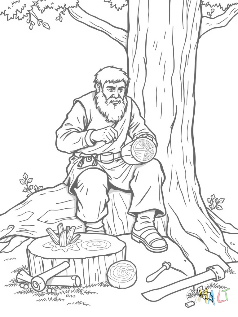 Ein Steinzeitmensch sitzt auf einem Baumstamm und schnitzt mit einem Feuerstein ein Stück Holz. Neben ihm liegen verschiedene Werkzeuge aus Stein und ein halb fertiger Speer.