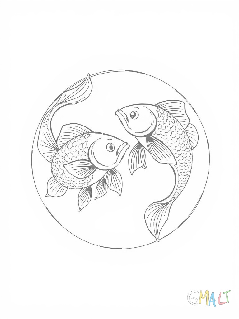 Zwei Fische schwimmen in einem eleganten Kreis. Die Fische sind durch eine geschwungene Linie verbunden und blicken in entgegengesetzte Richtungen. Ihre Flossen sind verspielt geschwungen.
