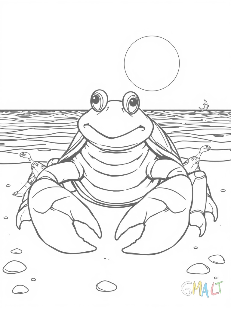 Ein großer Krebs mit freundlichem Gesicht sitzt am Strand. Seine Scheren sind friedlich nach vorne gestreckt und sein Panzer ist mit einfachen Mustern verziert. Kleine Bläschen steigen neben ihm auf.