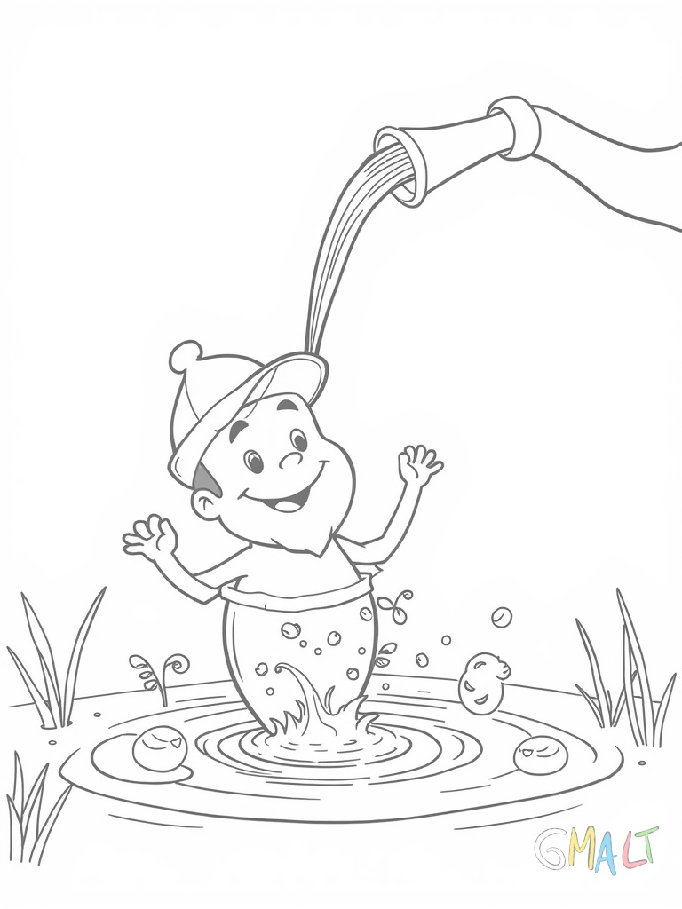 Ein niedlicher kleiner Wassermann gießt aus einer großen Amphore Wasser in einen Teich. Er trägt eine lustige Zipfelmütze und lächelt freundlich. Um ihn herum schweben kleine Wassertropfen.
