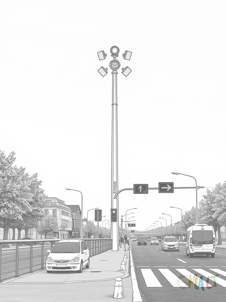 Eine große Ampel mit drei Lichtern steht auf einem hohen Mast. Das rote Licht leuchtet oben die anderen sind aus. Neben der Ampel ist ein Fußgängerüberweg mit breiten Zebrastreifen zu sehen.
