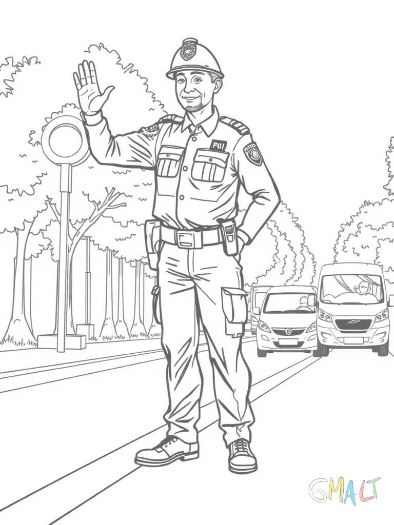 Ein Polizist in Uniform steht aufrecht mit ausgestrecktem Arm. Er trägt eine Polizeimütze und zeigt mit einer Kelle das Haltesignal. Vor ihm ist eine gestrichelte Haltelinie auf der Straße.