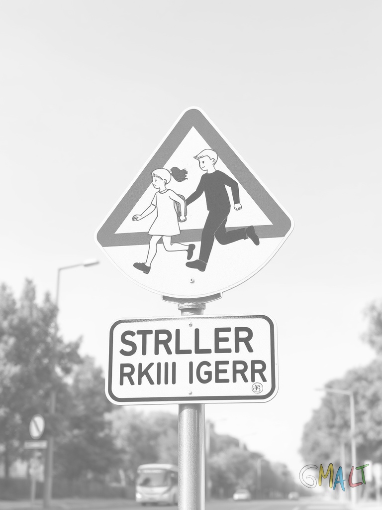Ein Straßenschild warnt vor Schulkindern. Auf dem Schild sind zwei laufende Kinderfiguren in schwarzer Silhouette auf gelbem Dreieck zu sehen. Das Schild steht auf einem geraden Metallpfosten.