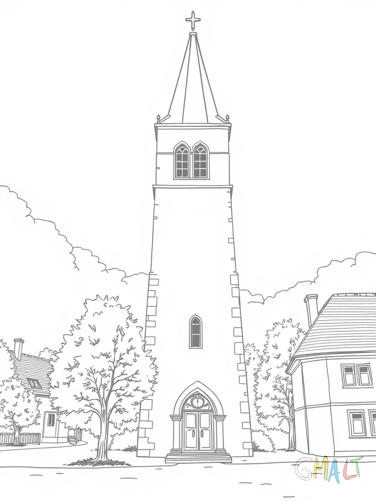 Ein hoher Kirchturm wirft einen langen Schatten auf den Dorfplatz. Neben dem Schatten steht eine kleine Parkbank. Der Kirchturm hat eine spitze Turmspitze und zwei große Fenster.