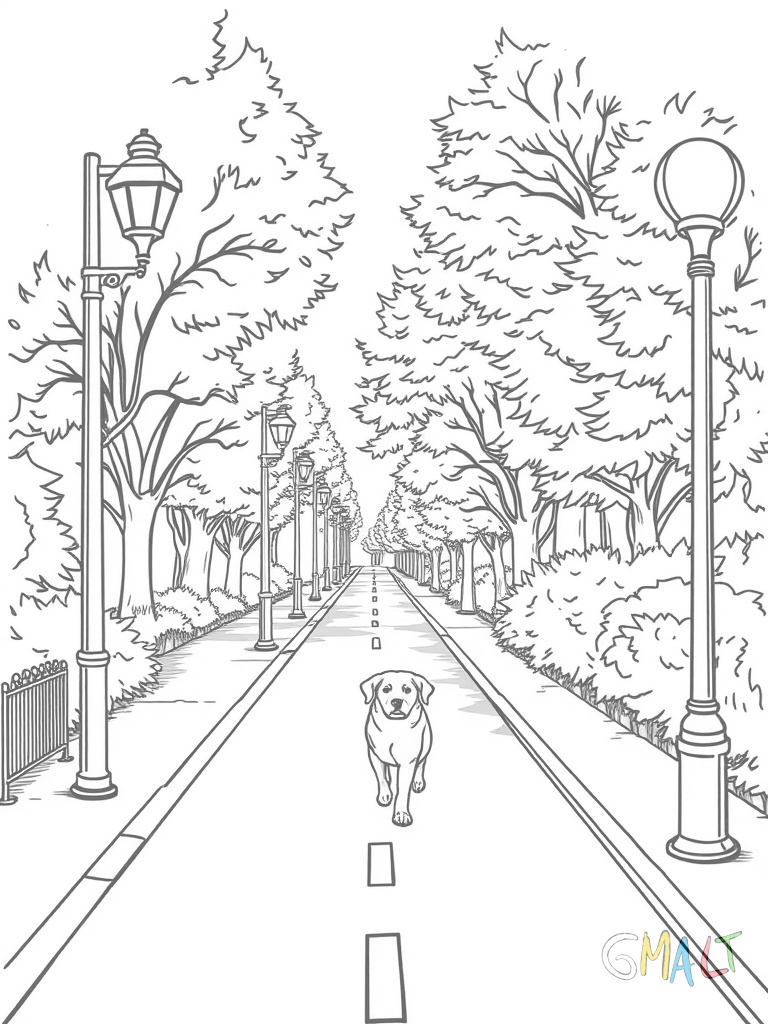 Drei Straßenlaternen in einer Reihe werfen parallele Schatten auf den Gehweg. Ein Hund läuft zwischen den Schatten hindurch. Die Laternen sind gleich hoch und haben runde Lampenköpfe.