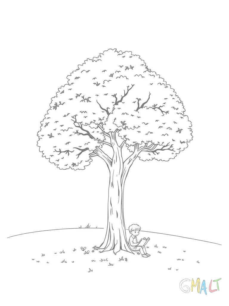 Ein einzelner Baum auf einer Wiese wirft einen geschwungenen Schatten. Im Schatten sitzt ein Kind und liest ein Buch. Der Baum hat eine runde Baumkrone und einen geraden Stamm.