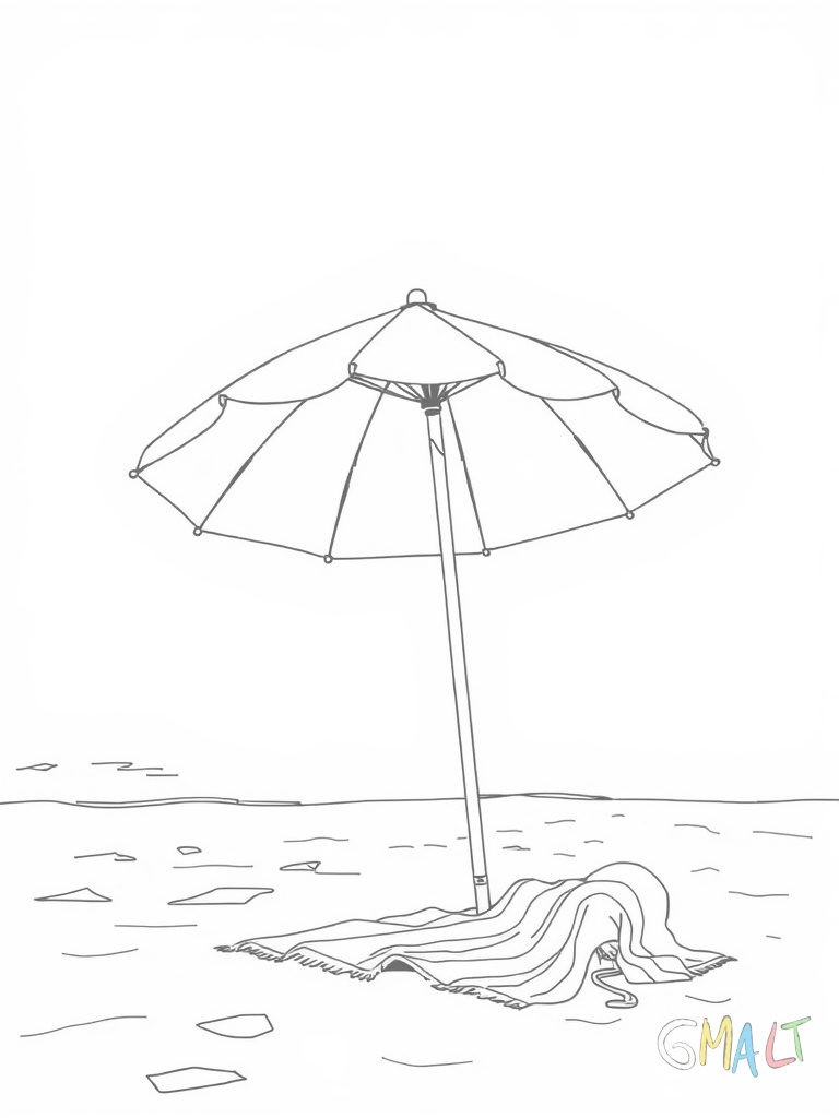 Ein Regenschirm steht aufgespannt am Strand und wirft einen kreisförmigen Schatten auf den Sand. Im Schatten liegt ein Strandtuch mit einer Badetasche. Der Schirm hat einen geraden Stiel.