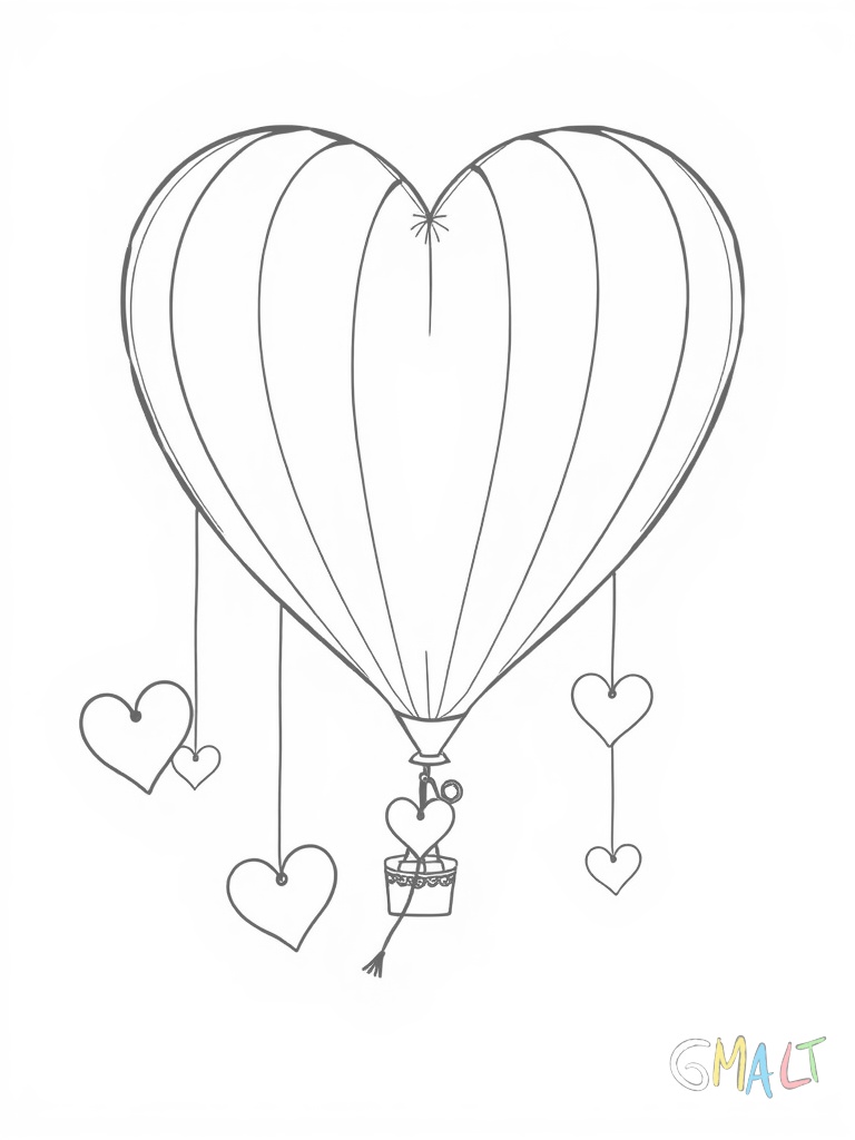 Ein großer Herzballon schwebt in der Bildmitte. An seiner Schnur hängen mehrere kleine Notizzettel mit Herzchen darauf.