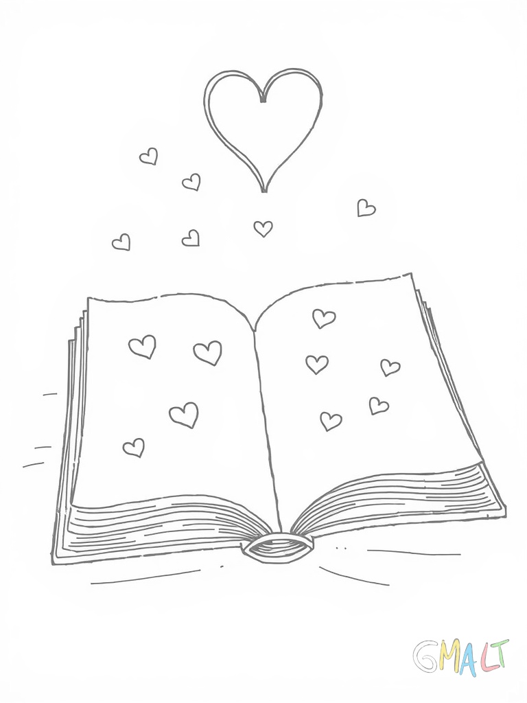 Ein großes offenes Buch mit herzförmigen Seiten liegt aufgeschlagen in der Bildmitte. Auf den Seiten schweben kleine Herzen empor. Ein Lesezeichen in Herzform ragt oben aus dem Buch heraus.