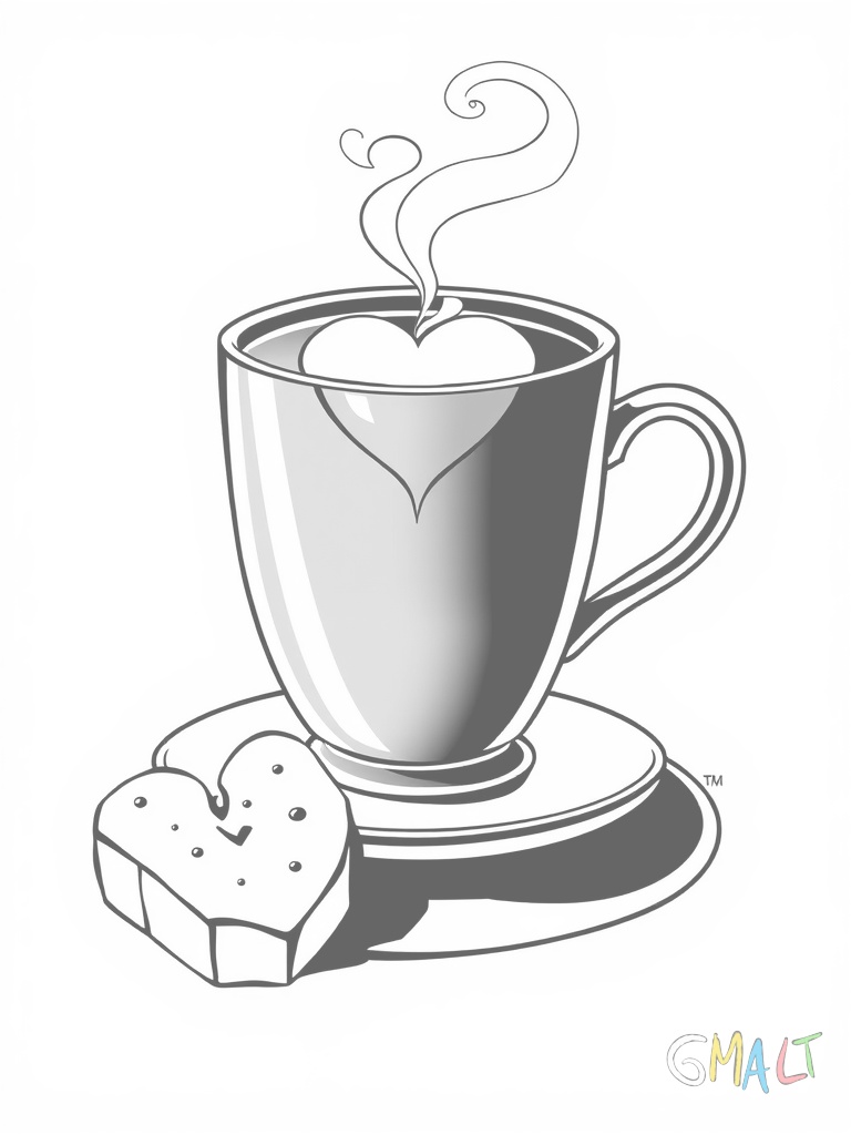 Eine große Tasse Kakao mit einem Herz aus Milchschaum steht auf einem runden Unterteller. Daneben liegt ein herzförmiger Keks.