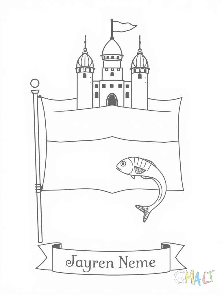 Ein geteiltes Wappenschild zeigt oben drei Türme einer Burg und unten zwei schwimmende Fische. Eine schlanke Banderole unter dem Schild bietet Platz für einen Namen.