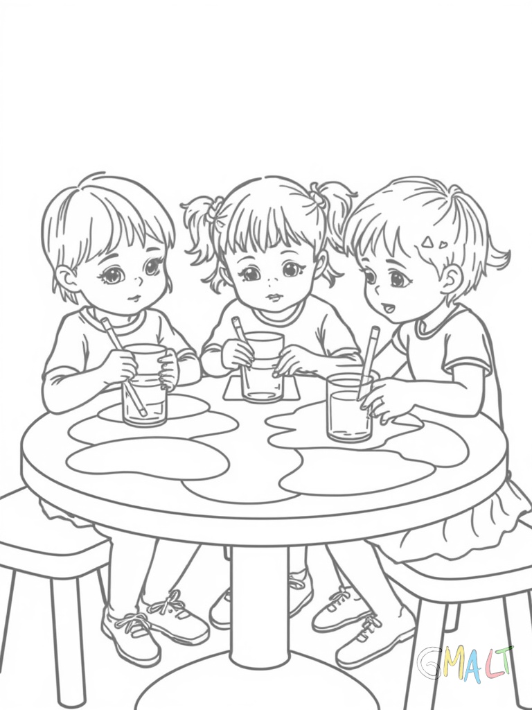 Drei Kinder sitzen an einem runden Tisch und malen mit Wasserfarben. Vor jedem steht ein Wasserglas und liegt ein Pinsel. Die Kinder beugen sich konzentriert über ihre Bilder.