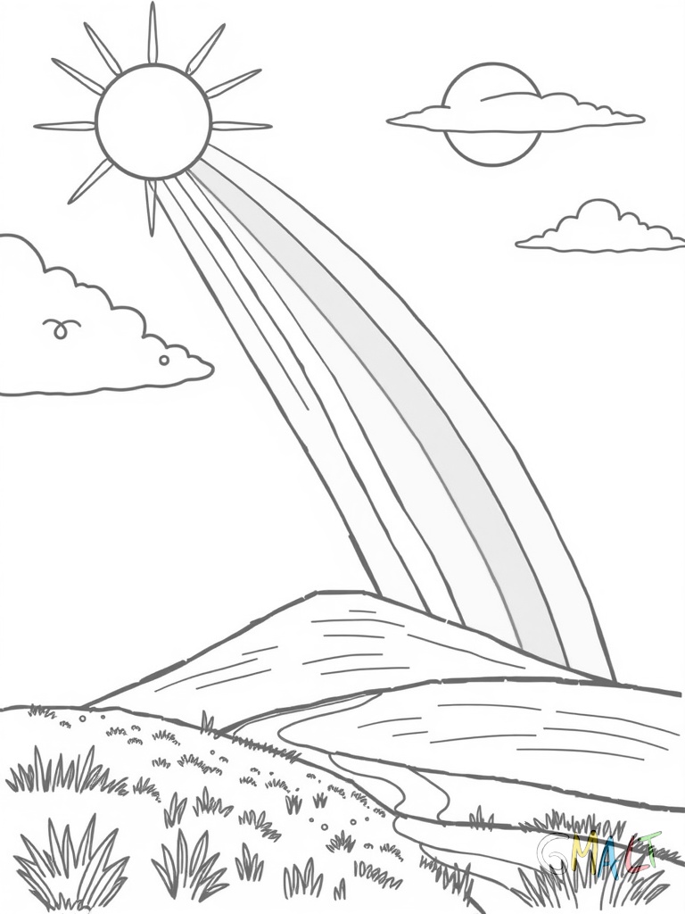 Ein Regenbogen aus sechs ineinander verlaufenden Wasserfarben schwebt über einer einfachen Landschaft mit zwei Hügeln und einer Sonne. Die Farben verlaufen sanft ineinander.