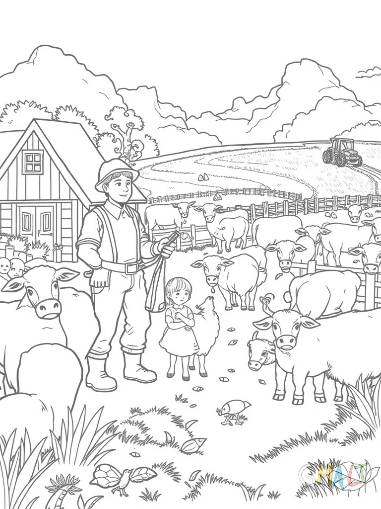 Ein geschäftiger Bauernhof mit vielen Tieren und Aktivitäten. Der Bauer füttert die Hühner während seine Frau Kühe melkt. Kinder spielen auf einem Heuhaufen. Im Hintergrund grasen Schafe auf der Weide und ein Traktor pflügt das Feld.