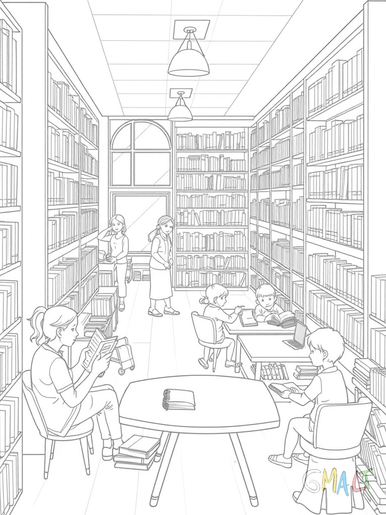Eine lebendige Bibliothek mit Lesern und Bibliothekaren. Menschen stöbern in Regalen andere sitzen an Tischen und lesen. Ein Bibliothekar sortiert Bücher ein während Kinder in der Kinderecke einer Vorleserin lauschen.