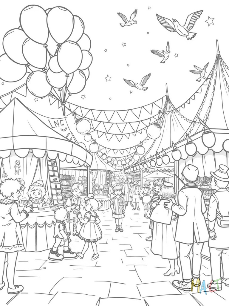 Ein lebendiger Jahrmarkt mit Karussells Ständen und Besuchern. Im Vordergrund verkauft ein Clown bunte Luftballons. Kinder fahren auf einem Kettenkarussell während andere an einem Süßigkeitenstand Zuckerwatte kaufen. Ein Zauberer zeigt rechts Kartentricks und Tauben fliegen über die Szene.