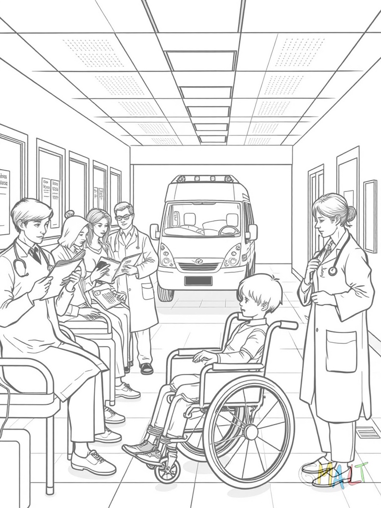 Ein geschäftiges Krankenhaus mit Ärzten Krankenschwestern und Patienten. Im Wartezimmer lesen Menschen Zeitschriften ein Arzt untersucht ein Kind und eine Krankenschwester schiebt einen Rollstuhl. Im Hintergrund fährt ein Krankenwagen vor.