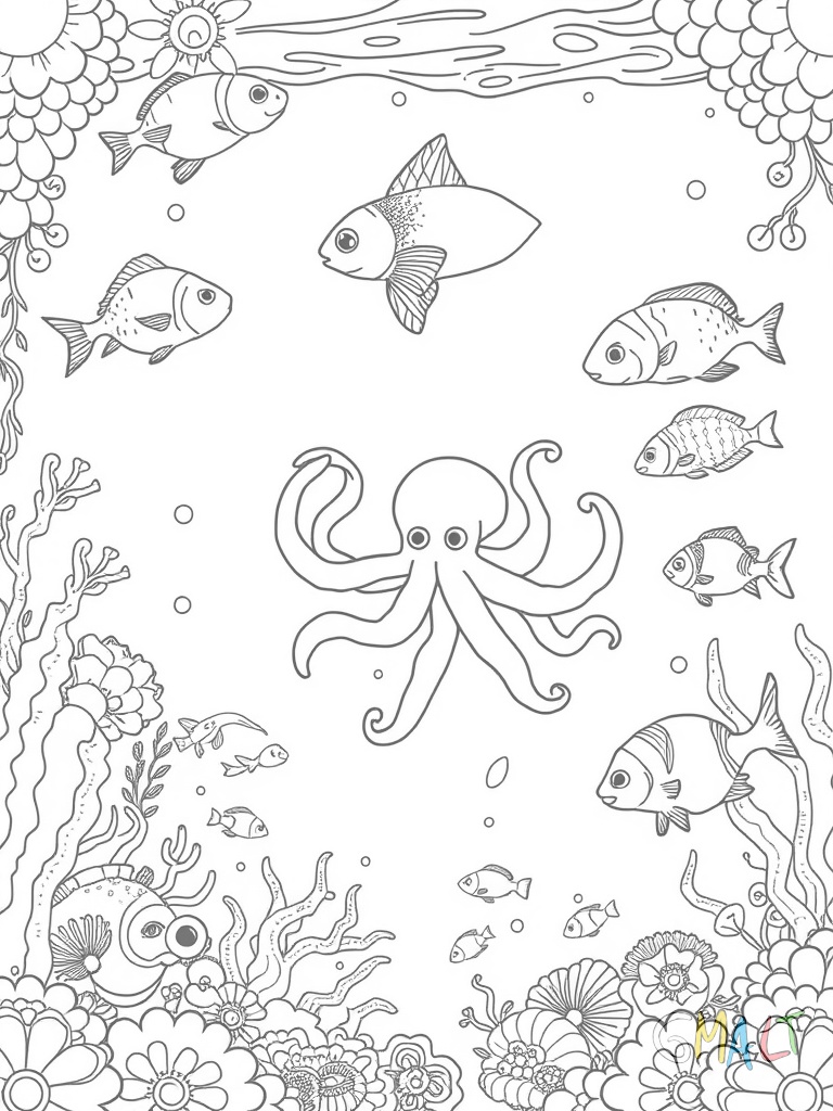 Eine quirlige Unterwasserwelt mit verschiedenen Fischen Korallen und Meerestieren. Delfine springen durch Ringe ein Oktopus jongliert mit Muscheln und Seepferdchen tanzen zwischen Seegras. Kleine Fischschwärme ziehen vorbei.