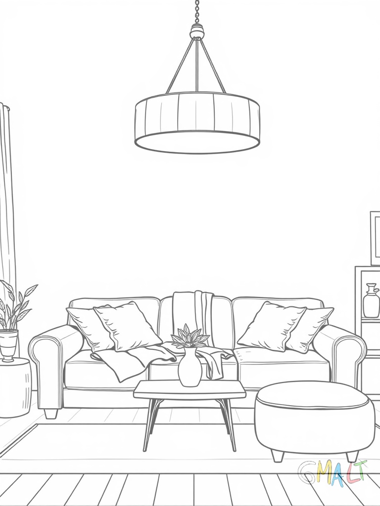 Eine Wohnzimmerecke mit einer großen Stehlampe die sich elegant über ein Sofa beugt. Auf dem Sofa liegen zwei Dekokissen und eine zusammengefaltete Decke. Daneben steht ein kleines Regal mit einer Vase.