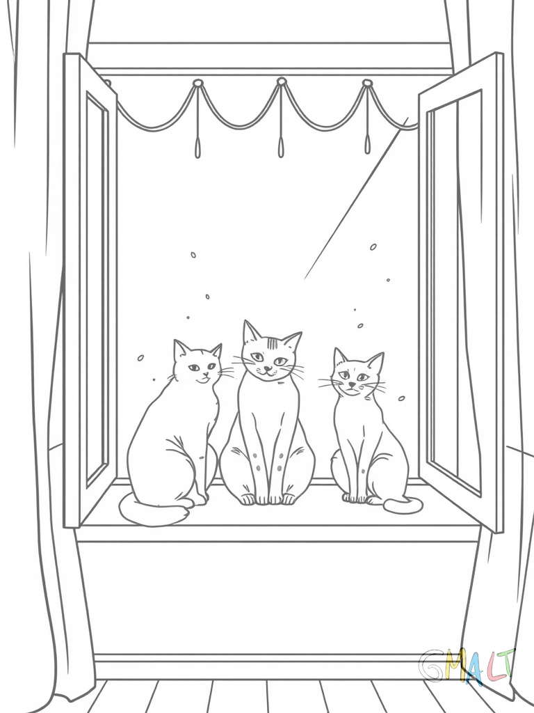 Ein Wohnzimmerfenster mit breiter Fensterbank auf der drei Katzen sitzen. Eine Katze putzt sich die Pfoten eine schläft zusammengerollt und die dritte schaut neugierig nach draußen. Vor dem Fenster hängen leichte Gardinen.