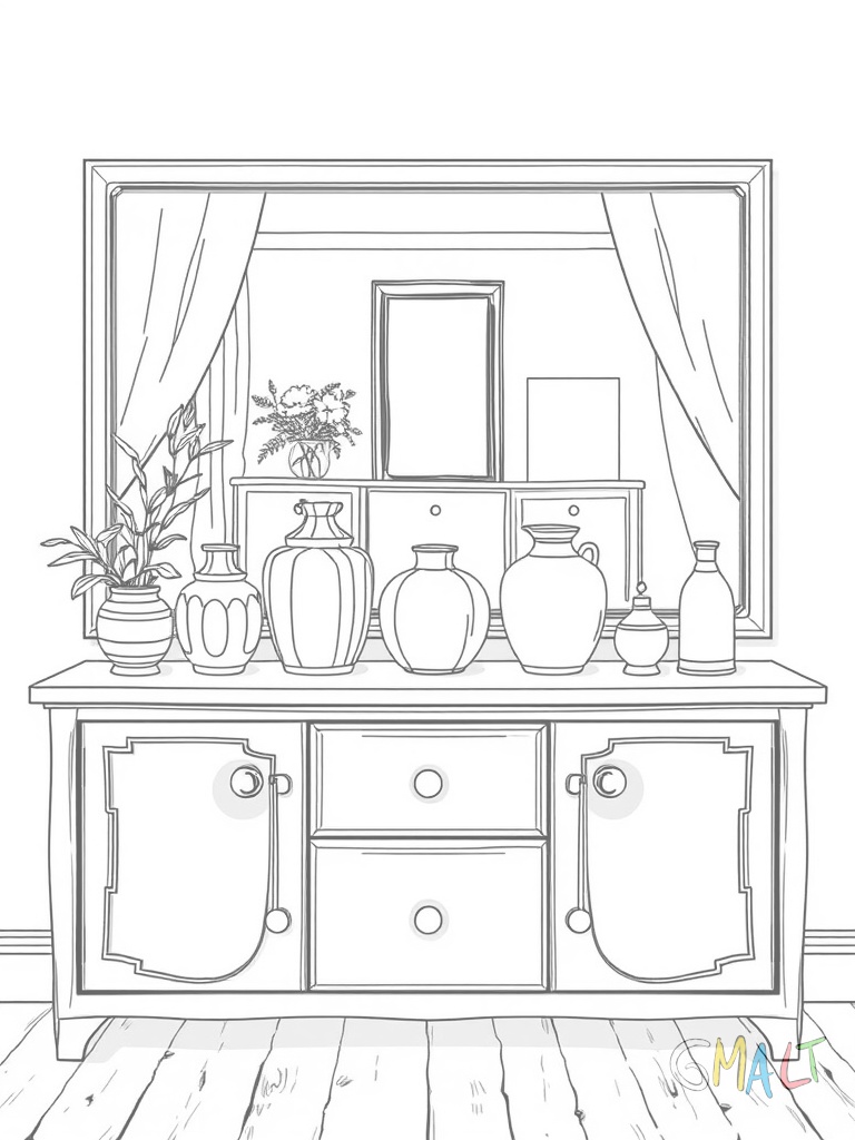 Ein Wohnzimmer-Sideboard mit einem großen Spiegel darüber. Auf dem Sideboard stehen drei unterschiedlich große Kerzen eine dekorative Schale und ein Bilderrahmen. Die Spiegelung zeigt die Gegenstände von hinten.