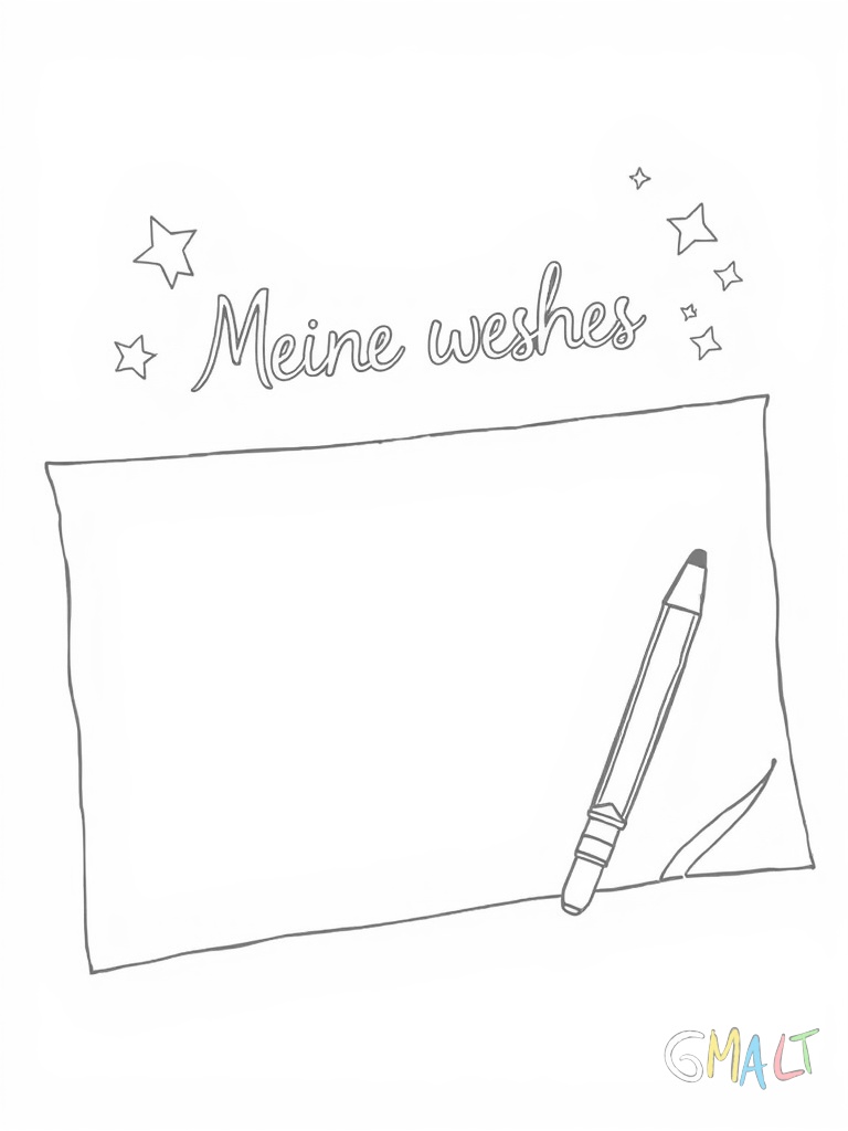 Ein großer leerer Wunschzettel mit geschwungenen Rändern liegt in der Bildmitte. Darüber schwebt ein Bleistift der gerade zu schreiben beginnt. Am oberen Rand steht in kindlicher Schrift 'Meine Wünsche'. Kleine Sterne zieren die vier Ecken des Blattes.