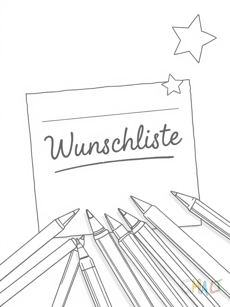 Ein großes Briefpapier mit der Überschrift 'Wunschliste' nimmt die Bildmitte ein. Drumherum liegen verschiedene Buntstifte verstreut. In der oberen rechten Ecke sitzt eine kleine Briefmarke mit einem Stern.