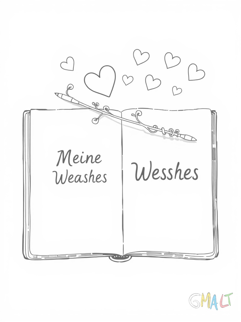 Ein aufgeschlagenes Notizbuch liegt in der Mitte. Auf der linken Seite steht 'Meine Wünsche' und die rechte Seite ist noch leer. Eine Feder liegt quer über dem Buch und kleine Herzen schweben um das Buch herum.