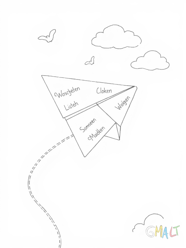 Ein gefaltetes Papierflugzeug fliegt diagonal durchs Bild. Auf seinen ausgebreiteten Flügeln sind kleine Wunschlisten geschrieben. Dahinter schweben zwei Wolken am Himmel.