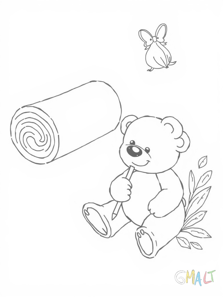 Ein Wunschzettel in Form einer Pergamentrolle mit leicht eingerollten Enden liegt diagonal im Bild. Ein niedlicher Teddybär sitzt links daneben und hält einen großen Stift in der Pfote. Rechts oben flattert eine kleine Schleife.