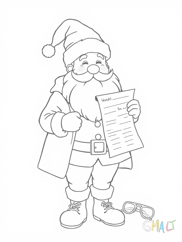 Ein Weihnachtsmann steht lächelnd an einem Schreibpult und liest einen langen Wunschzettel der bis zum Boden reicht. Er trägt seine typische Mütze und Mantel. Neben ihm liegt eine Brille auf dem Pult.