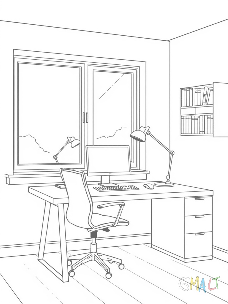 Ein Arbeitszimmer mit einem großen Schreibtisch am Fenster. Auf dem Tisch steht ein Computer und eine Schreibtischlampe. Ein Bürostuhl steht davor. An der Wand sind zwei Bücherregale.
