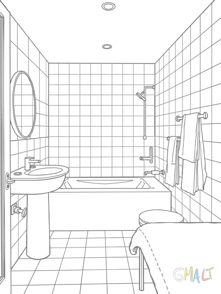 Ein Badezimmer mit einer freistehenden Badewanne in der Mitte. Links ist ein Waschbecken mit einem runden Spiegel darüber. Rechts steht ein Handtuchhalter mit zwei Handtüchern.