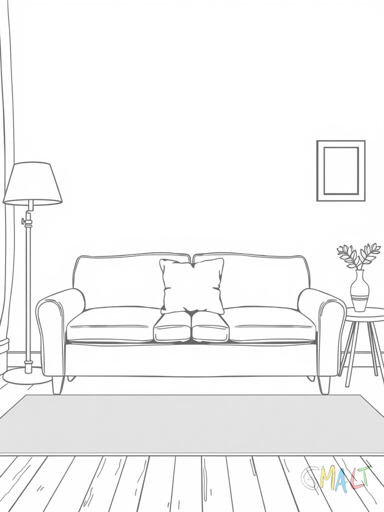 Ein gemütliches Wohnzimmer mit einer großen Couch in der Mitte. Auf der Couch liegt ein flauschiges Kissen. Links steht eine Stehlampe und rechts ein kleiner Beistelltisch mit einer Vase darauf. An der Wand hängt ein einfaches Bilderrahmen.