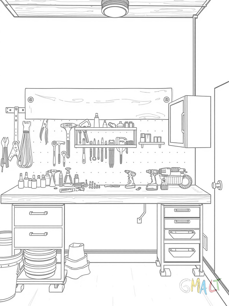 Ein Hobbyraum mit einer Werkbank an der Wand. Darauf liegen verschiedene Werkzeuge. Eine große Pinnwand hängt darüber. In der Ecke steht ein Werkzeugschrank mit offener Tür.