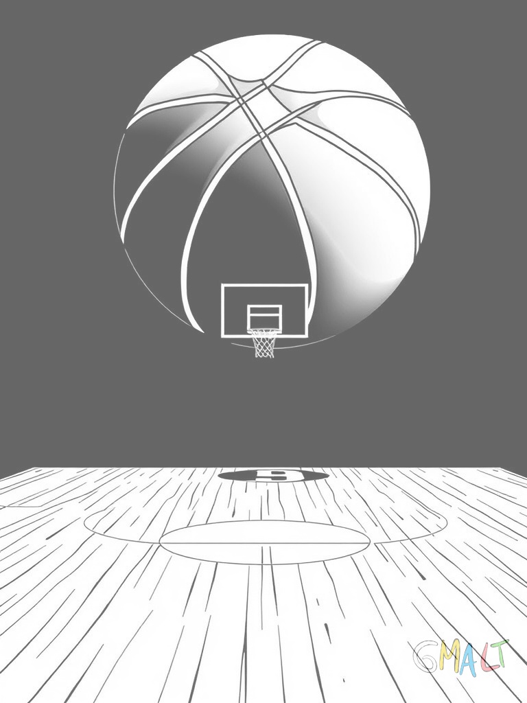 Ein Basketball liegt auf dem Spielfeld. Daneben sind die typischen Linien der Dreipunktelinie und des Mittelkreises zu sehen.
