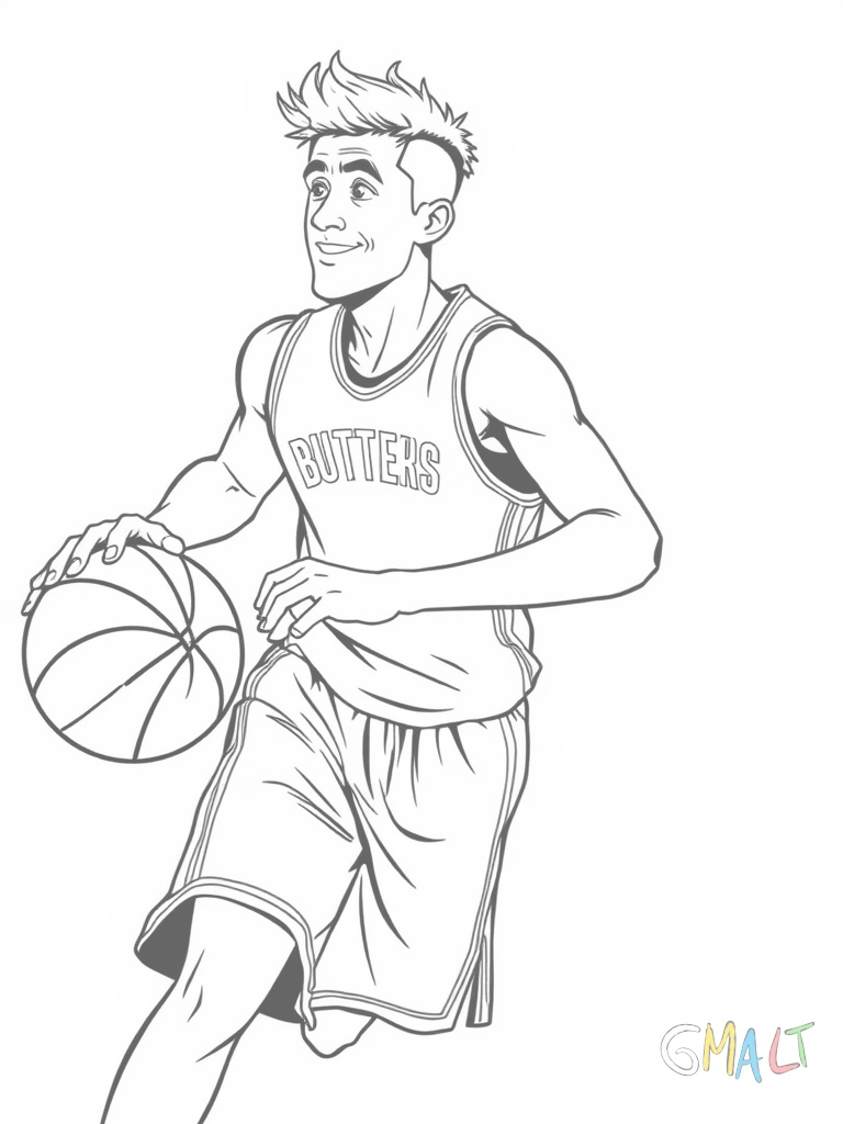 Ein lächelnder Basketballspieler dribbelt den Ball neben seinem Körper. Er ist in Schrittstellung und schaut nach vorne. Der Basketball berührt gerade seine Hand.