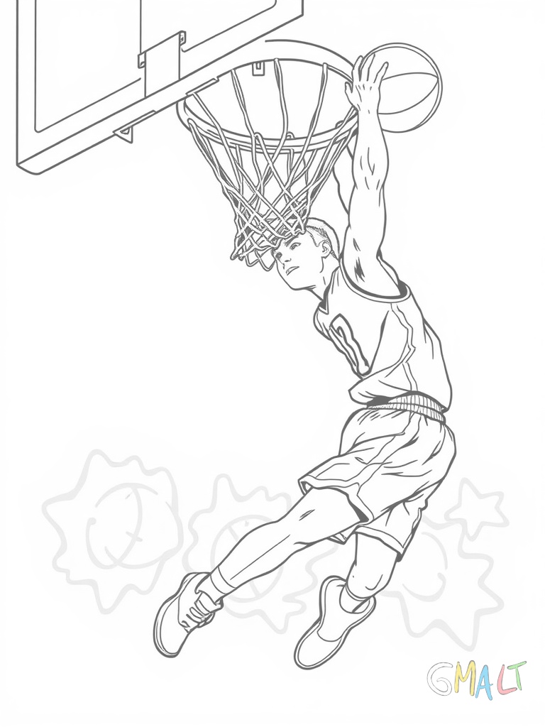 Ein Basketballspieler macht einen spektakulären Dunking. Er hängt am Ring während der Ball durch den Korb fällt.