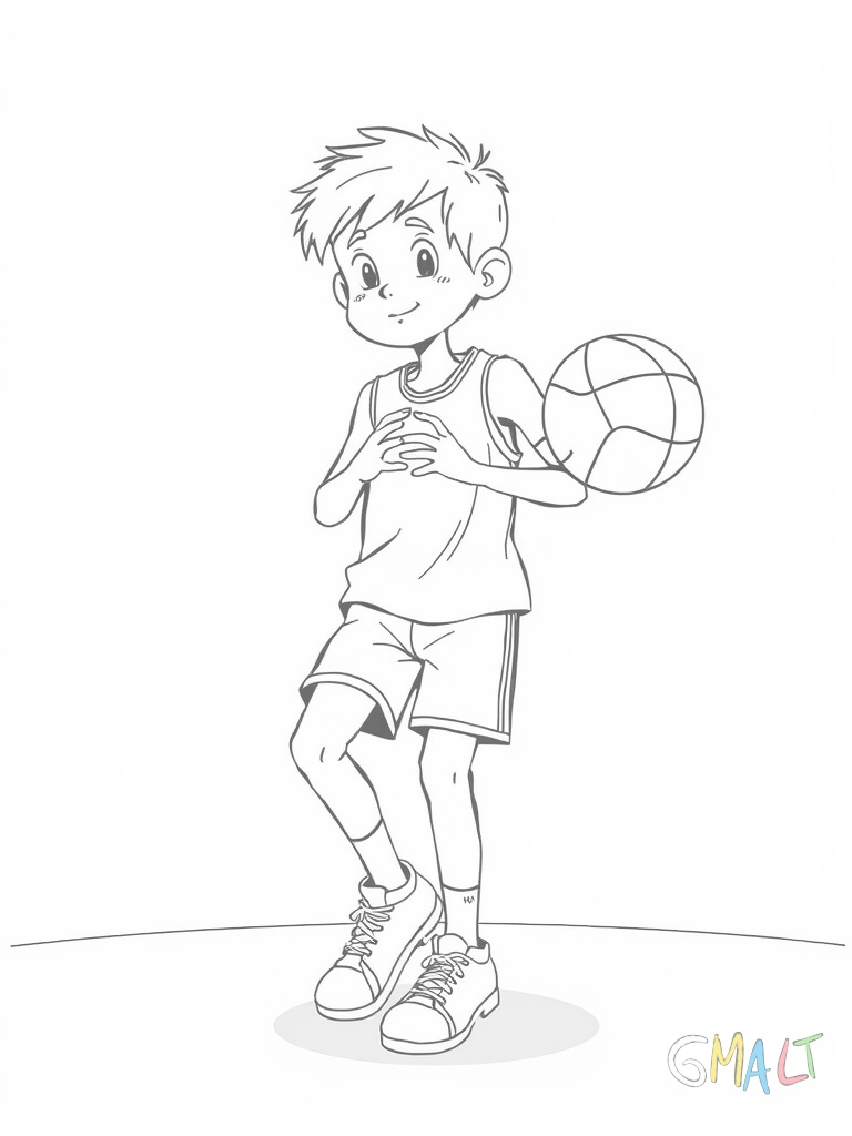 Ein Kind lernt Basketball - es steht mit leicht gebeugten Knien und hält den Ball mit beiden Händen vor der Brust in Wurfposition.