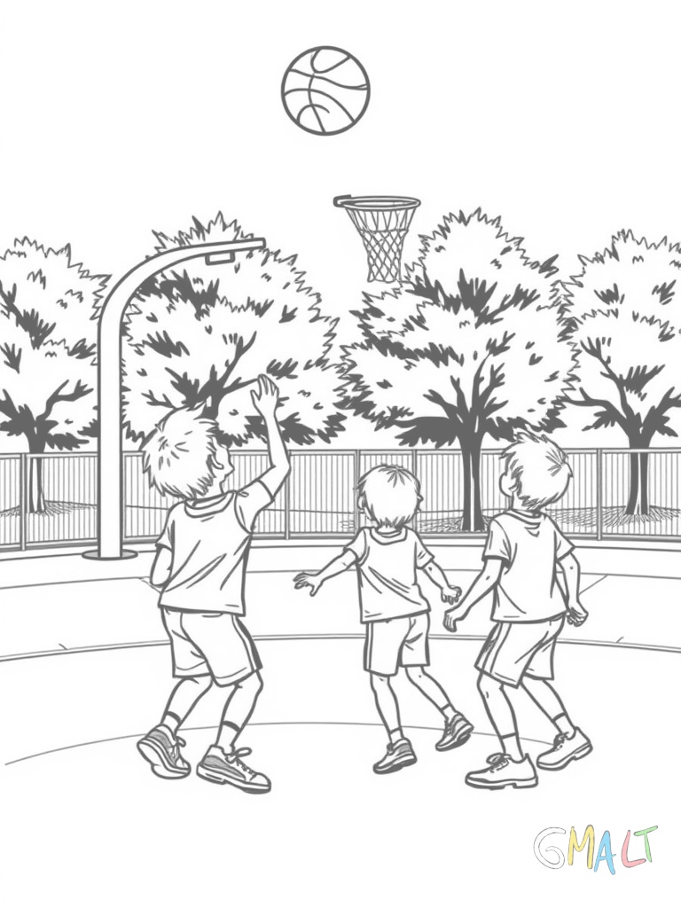 Eine Gruppe von drei Kindern spielt Basketball auf einem Freiplatz. Ein Kind wirft während die anderen beiden zusehen und anfeuern.