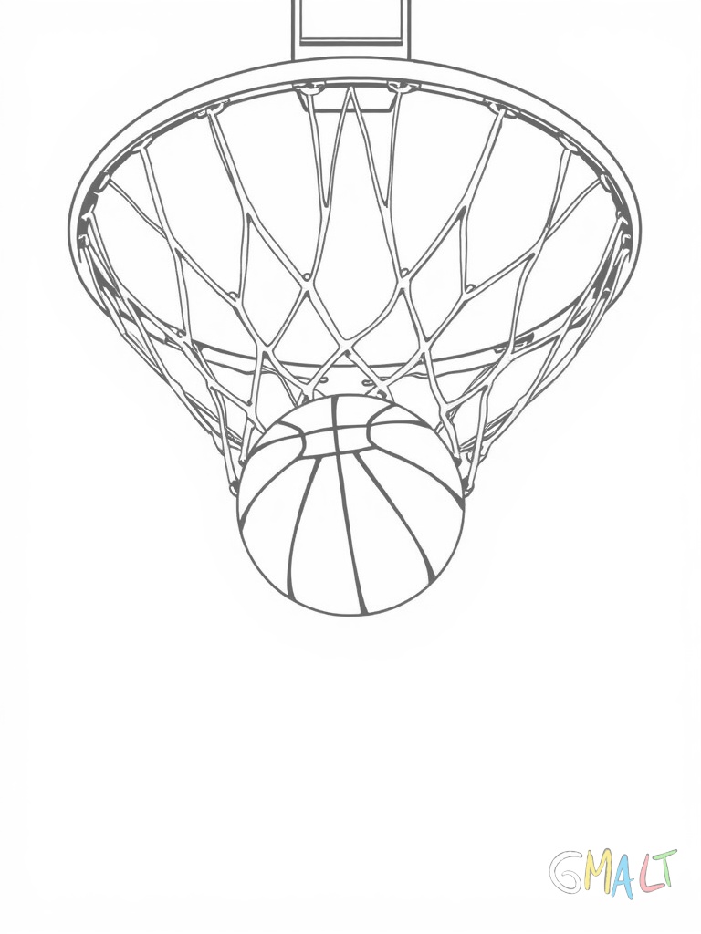 Eine Nahaufnahme eines Basketballkorbs von unten fotografiert. Das Netz hängt locker herab und ein Basketball fliegt genau durch den Ring.