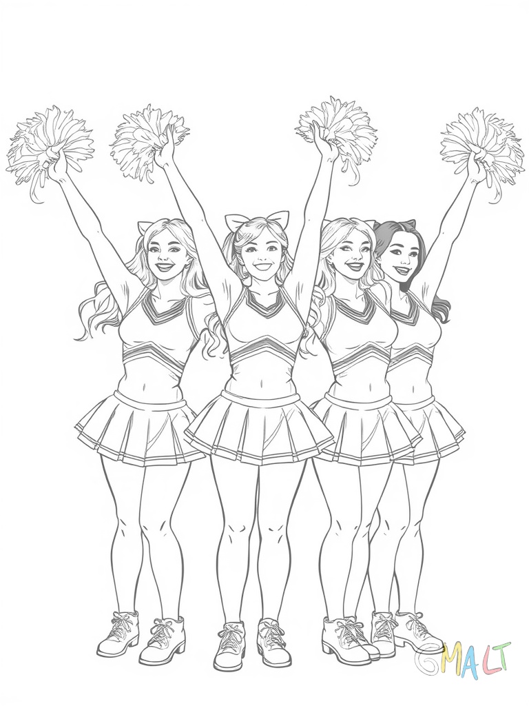 Eine Gruppe von fünf Cheerleaderinnen steht in V-Formation. Alle haben synchron die Arme hochgestreckt und halten glitzernde Pompoms. Sie tragen gleichfarbige Uniformen und lächeln begeistert. Ihre Pferdeschwänze sind mit großen Schleifen geschmückt.