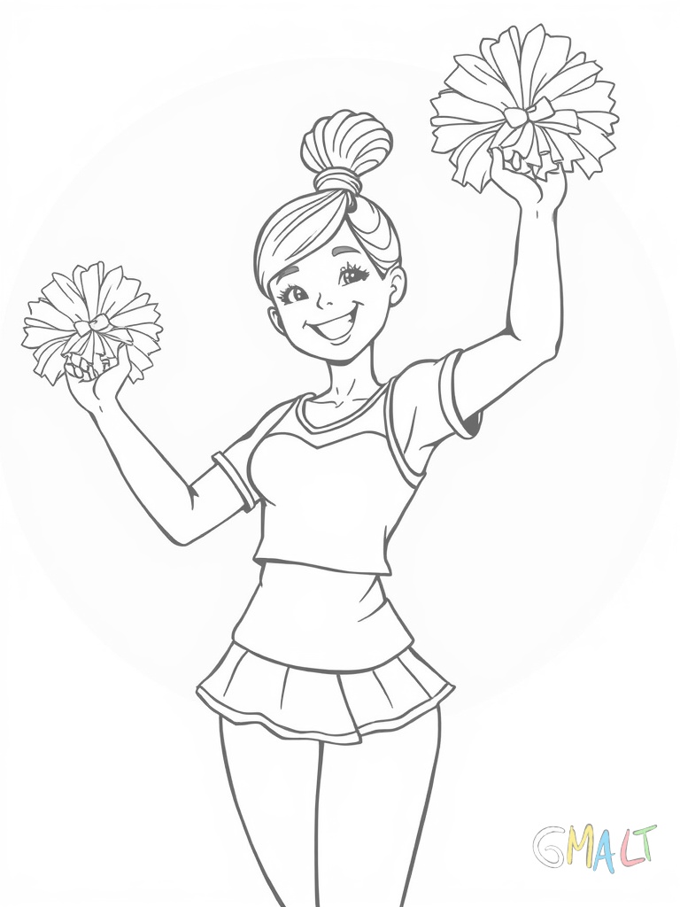 Eine fröhliche Cheerleaderin macht einen hohen Spagat-Sprung in die Luft. Sie trägt einen kurzen Rock und ein ärmelloses Top. Ihre Arme sind V-förmig nach oben gestreckt und sie hält in jeder Hand einen Pompom. Ihre Haare sind zu einem hohen Pferdeschwanz gebunden.