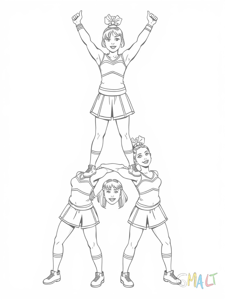 Drei Cheerleaderinnen bauen eine klassische Pyramide. Zwei Mädchen knien unten und stützen die dritte auf ihren Schultern. Die obere Cheerleaderin steht aufrecht und hält beide Arme triumphierend nach oben. Alle tragen einheitliche Uniformen.