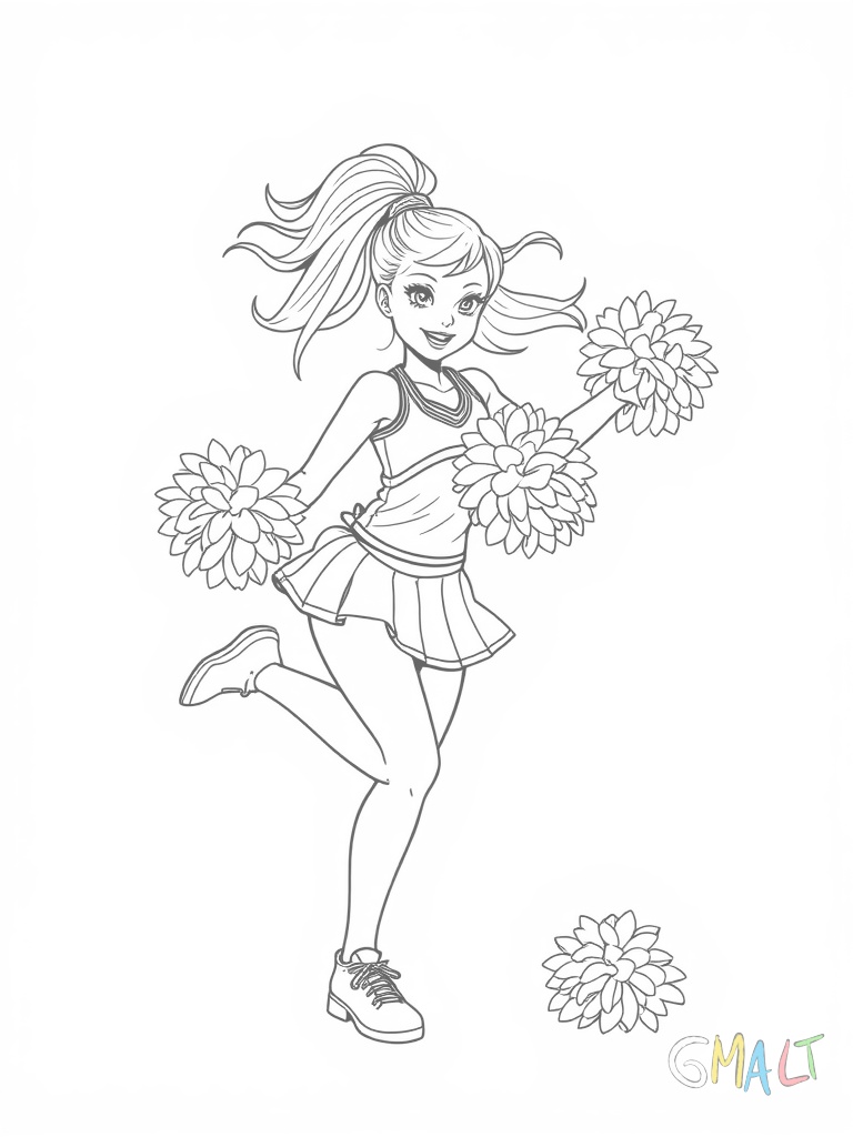 Eine einzelne Cheerleaderin macht einen Radschlag. Ihre Beine schwingen durch die Luft während ihre Hände den Boden berühren. Die Pompoms liegen dabei in der Nähe. Ihr Rock schwingt mit der Bewegung und ihre Haare fliegen dynamisch mit.