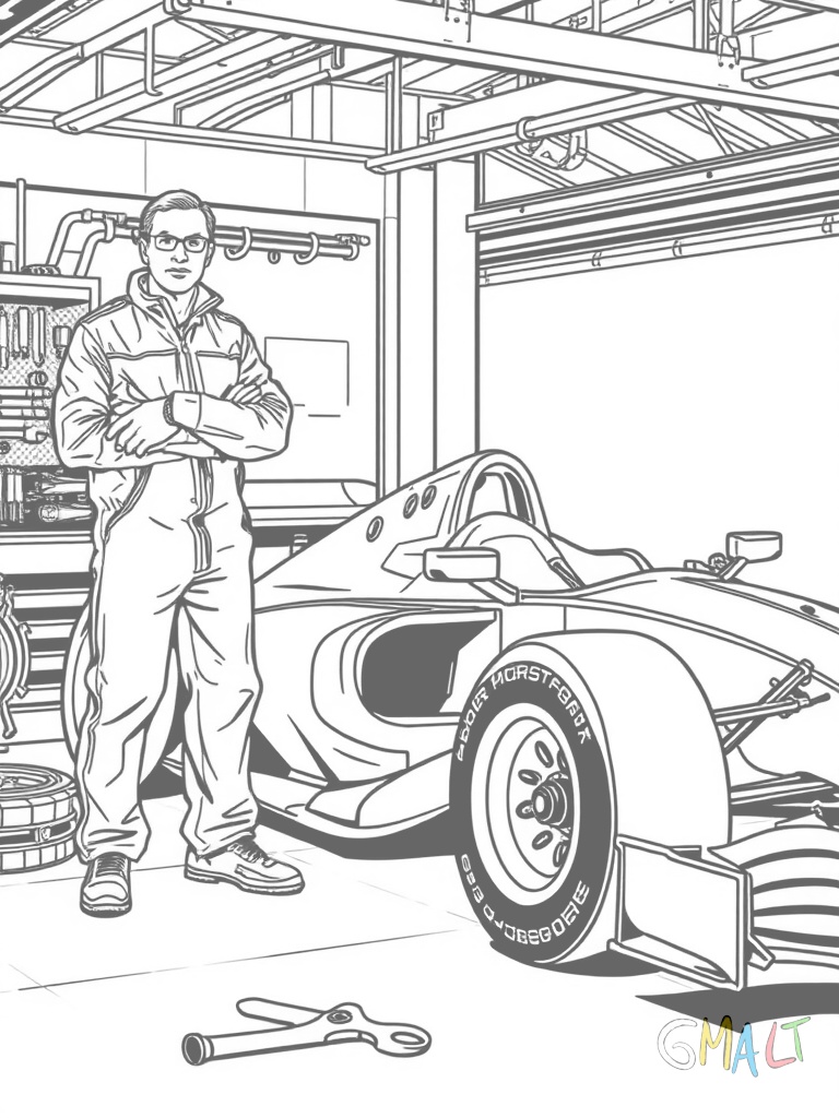 Ein Mechaniker mit Werkzeugkiste steht neben einem aufgebockten Rennwagen in der Garage. Die Motorhaube ist geöffnet und Werkzeuge liegen bereit.