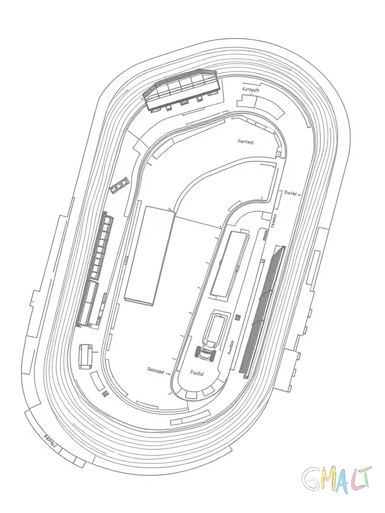 Ein Rennstrecken-Layout von oben mit verschiedenen Kurven Start/Ziel-Gerade und Boxengasse. Kleine Tribünen sind am Rand eingezeichnet.