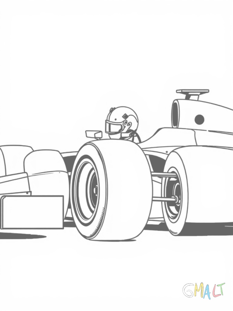Ein Formel-1-Rennwagen von der Seite mit großen Reifen und breitem Frontflügel. Der Fahrer sitzt im Cockpit und trägt einen Helm. Die aerodynamische Form des Rennwagens ist deutlich zu erkennen.