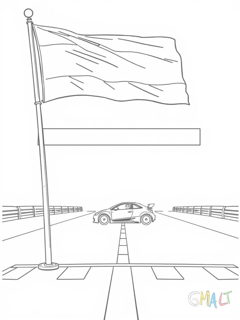Eine Zielflagge wird von einem Streckenposten geschwungen. Im Hintergrund rast ein Rennwagen über die Ziellinie.